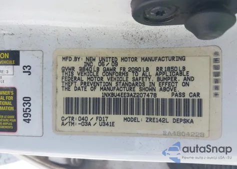 2010 Toyota Corolla S z USA, uszkodzony, nr VIN 1NXBU4EE3AZ207478